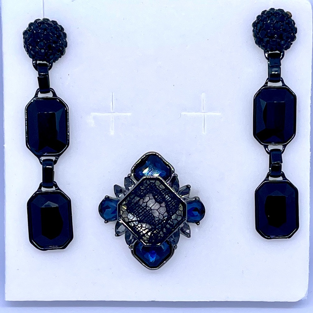 New Hematite Tone Lace Ring with Black Earrings Bundle